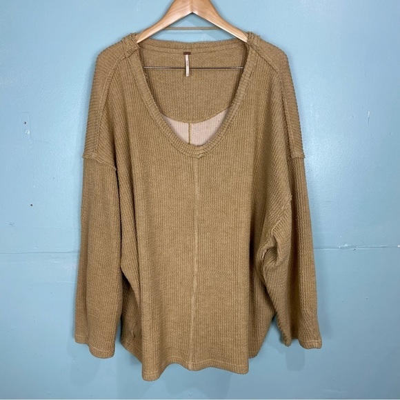 Free People Coraline Thermal Top Tan Slouchy Oversized V‎ Neck Sz L - Picture 2 of 11